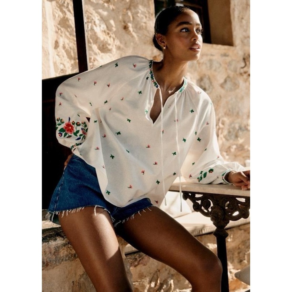 Sezane AQUILA Blouse Long Sleeve Floral Embroidered w Tie, White Sz 34 - US 2
